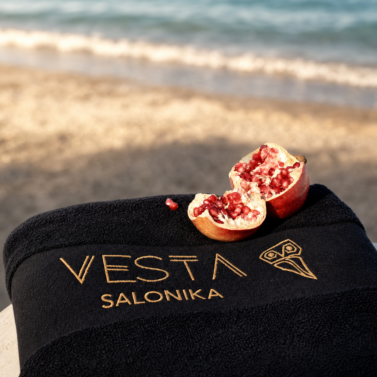 Campani Black Oversized Terry Towel – Gold Greek Key Pattern VESTA SALONIKA
