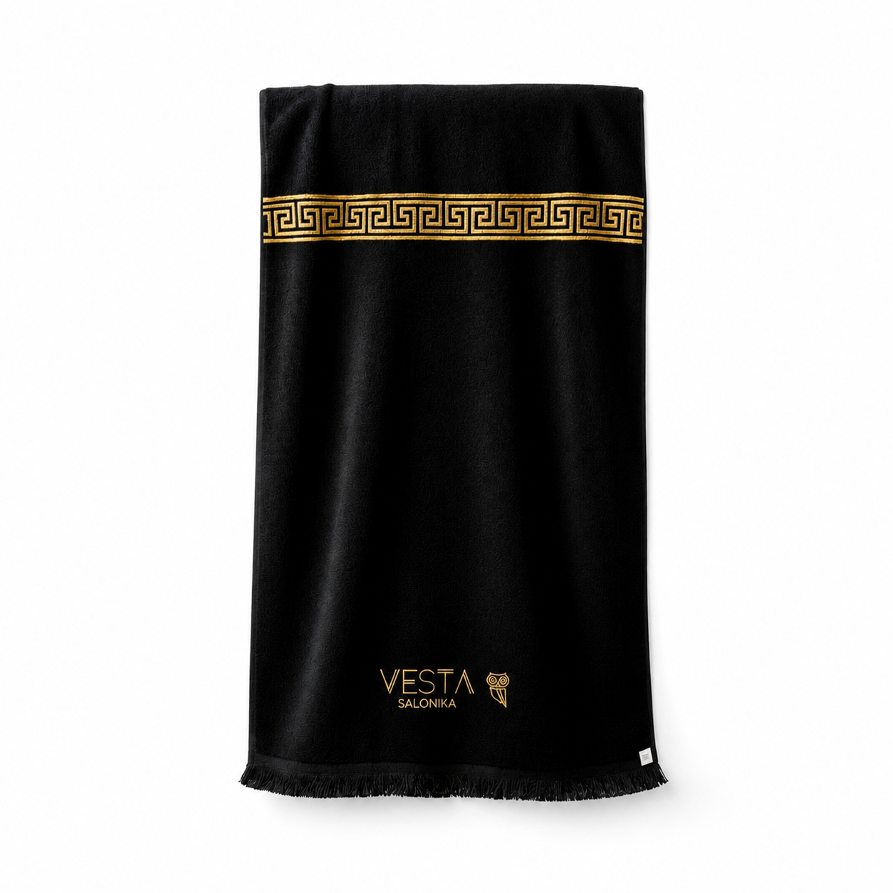 Campani™ Black Oversized Terry Towel – Gold Greek Key Pattern